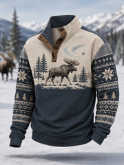 Men's Winter Moose Print Casual Buttons Pullover