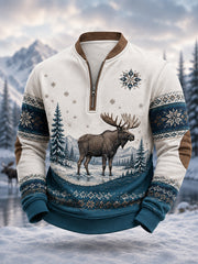Men's Winter Moose Print Casual Zipper Pullover