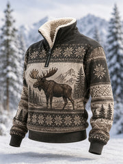 Women's Winter Moose Print Casual Fur Collar Top