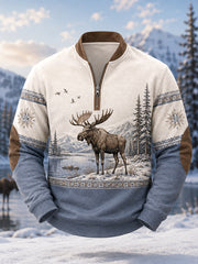 Men's Winter Moose Print Casual Zipper Pullover