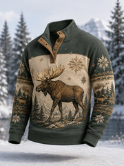 Men's Winter Moose Print Casual Buttons Pullover