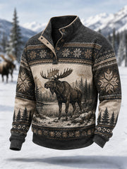 Men's Winter Moose Print Casual Buttons Pullover