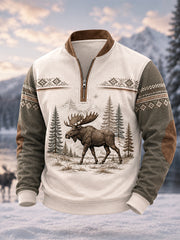 Men's Winter Moose Print Casual Zipper Pullover