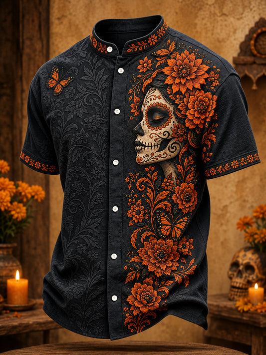 Men's Day of The Dead Floral Art Printed Shirt