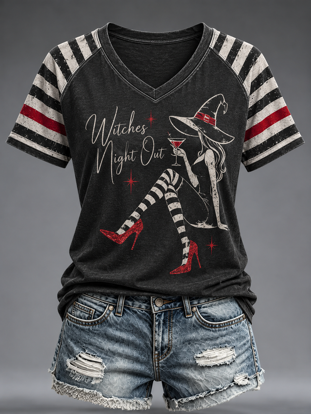 Women's Retro Witch Magic High Heels Graphic Printed V-neck off-shoulder short-sleeved T-shirt