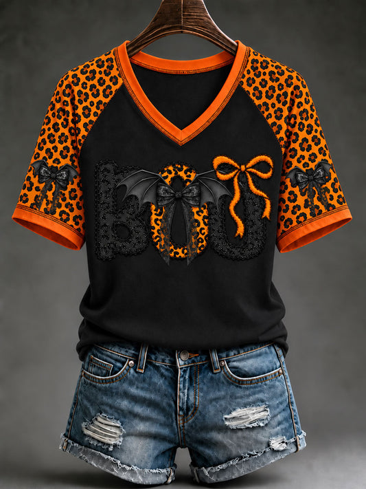 Women's Halloween Cute Boo Bat V-neck Short Sleeve T-shirt