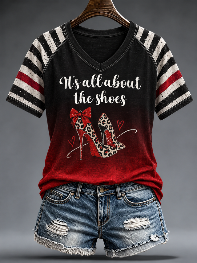 Women's Retro Witch Magic High Heels Graphic Printed V-neck off-shoulder short-sleeved T-shirt
