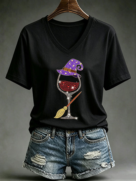 Women's Halloween Witch Wine Glass Short Sleeve T-Shirt