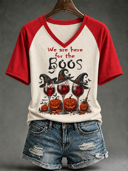 Women's We  Are Here For The Boos Halloween Witch Wine Glass V-neck T-shirt