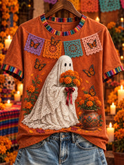 Women's Day of the Dead Mexican Ghost Marigolds Print short-sleeved T-shirt