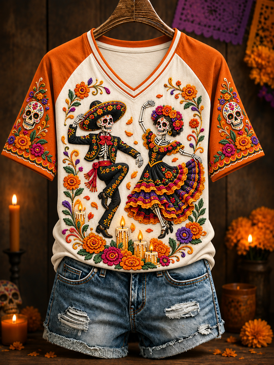 Women's Day Of The Dead V-neck Off-shoulder Short-sleeved T-shirt