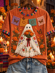 Women's Day of the Dead Mexican Ghost Marigolds Print short-sleeved T-shirt