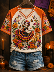 Women's Day Of The Dead V-neck Off-shoulder Short-sleeved T-shirt