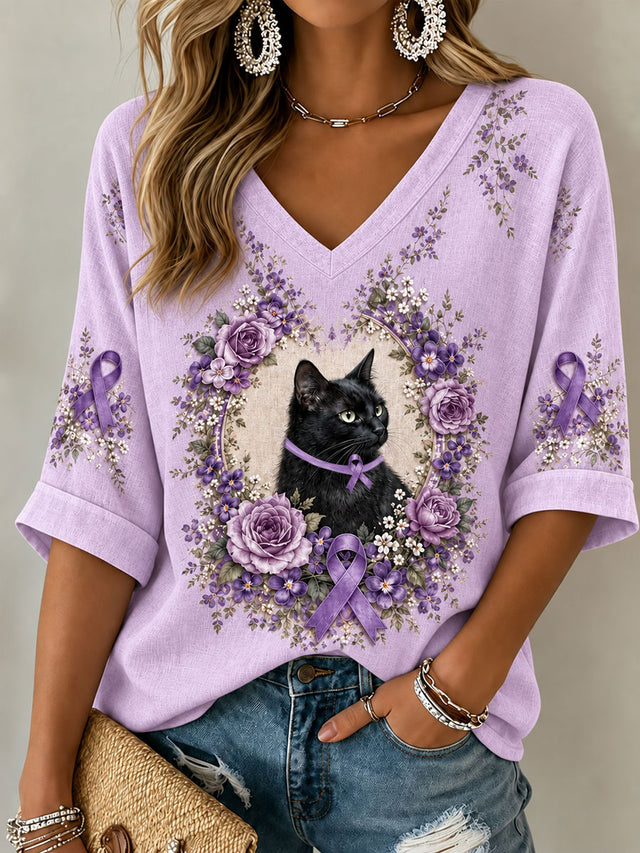 Women's Purple Floral Cat Alzheimer's Disease V-Neck T-Shirt