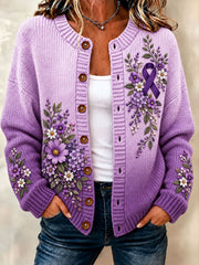 Women's Alzheimer's Disease Purple Floral Cardigan-Style Knit Jacket
