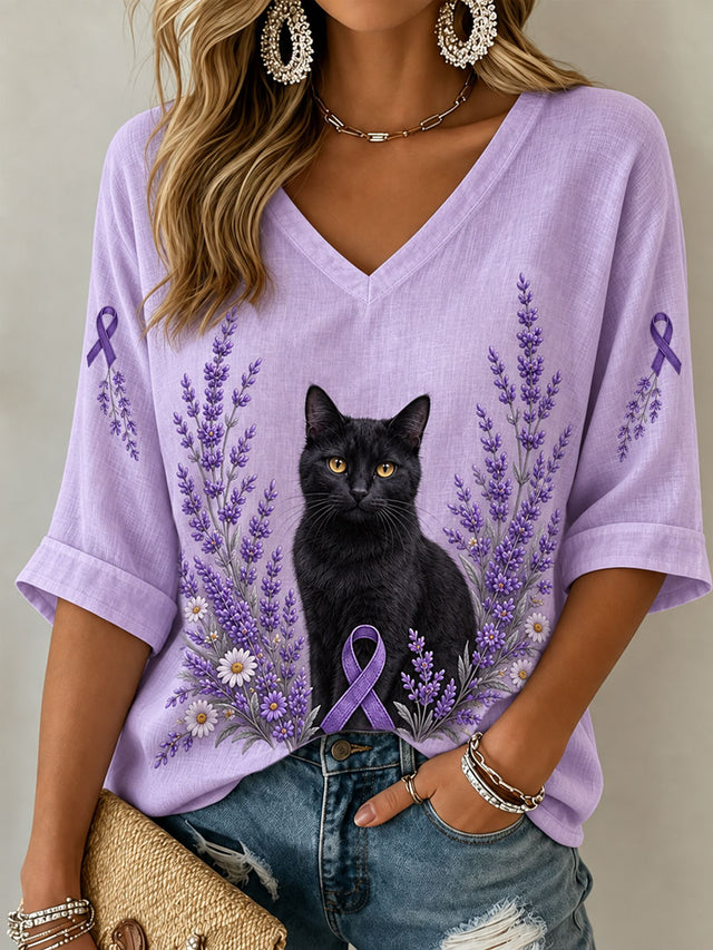Women's Purple Floral Cat Alzheimer's Disease V-Neck T-Shirt