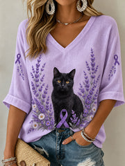 Women's Purple Floral Cat Alzheimer's Disease V-Neck T-Shirt