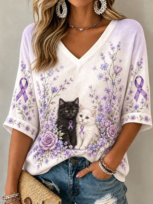 Women's Purple Floral Cat Alzheimer's Disease V-Neck T-Shirt