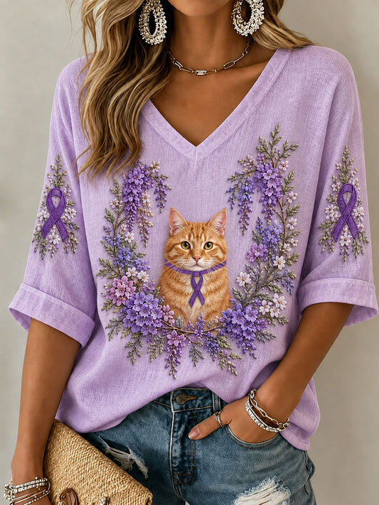 Women's Purple Floral Cat Alzheimer's Disease V-Neck T-Shirt