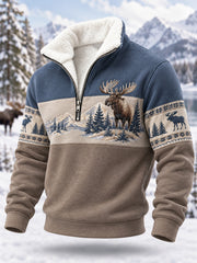 Men's Winter Moose Print Casual Plush Zipper Pullover