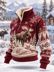 Women's Winter Moose Print Casual Plush Zipper Pullover