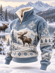 Women's Winter Moose Print Casual Plush Zipper Pullover