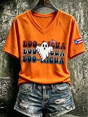 Women's Puerto Rico Halloween Print V-neck off-shoulder short-sleeved T-shirt