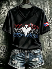 Women's Puerto Rico Halloween Print V-neck off-shoulder short-sleeved T-shirt