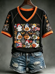 Women's Puerto Rico Halloween Print V-neck off-shoulder short-sleeved T-shirt