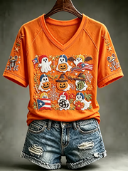 Women's Puerto Rico Halloween Print V-neck off-shoulder short-sleeved T-shirt