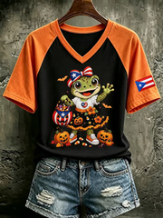 Women's Puerto Rico Halloween Print V-neck off-shoulder short-sleeved T-shirt