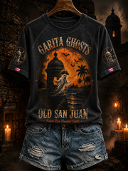 Women's Puerto Rico Halloween Print V-neck off-shoulder short-sleeved T-shirt
