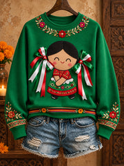 Women's Mexico Lele Doll Floral Art Printed Sweatshirt