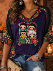 Women's Mexico Lele Doll Floral Art Printed T-Shirt