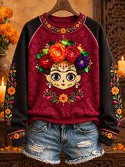 Women's Mexico Lele Doll Floral Art Printed Sweatshirt