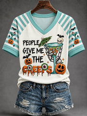 Women's Funny Halloween People Give Me The Creeps Wine Glass Stripes Print Casual V-Neck Tee