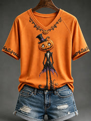 Women's Vintage Halloween Print V-neck Short-sleeved T-shirt