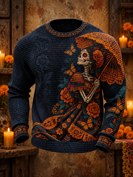 Men's Mexico Day of The Dead Floral Art Printed Waffle Sweatshirt