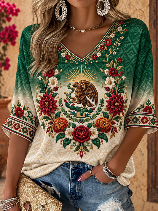 Women's Mexico Flag Floral Art Printed T-Shirt