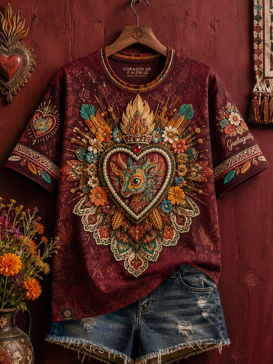 Women's Mexico Folk Floral Art Printed T-Shirt