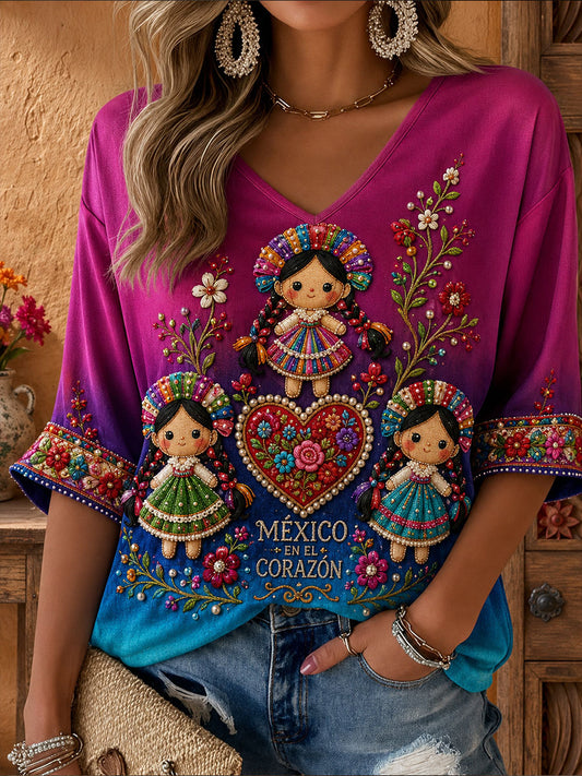 Women's Mexico Folk Floral Art Printed T-Shirt