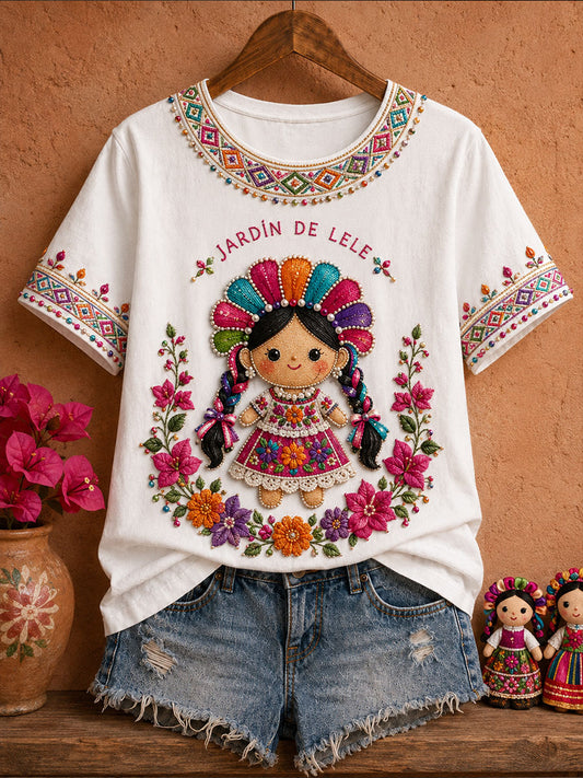 Women's Mexico Folk Floral Art Printed T-Shirt