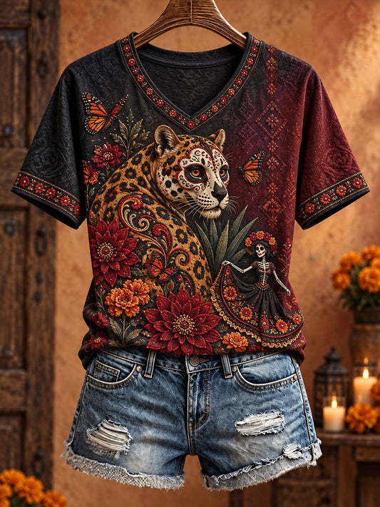 Women's Mexico Day of The Dead Floral Art Printed T-shirt