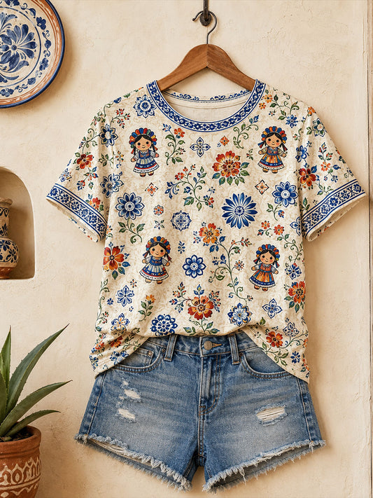 Women's Mexico Folk Floral Art Printed T-Shirt