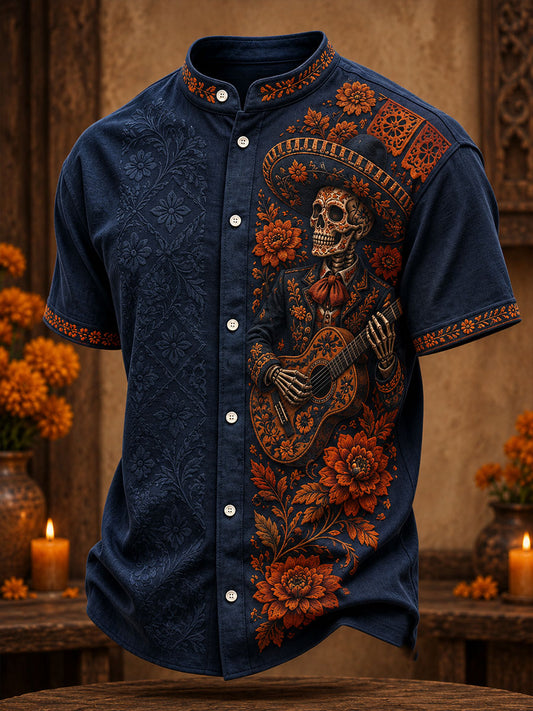 Men's Mexico Day of The Dead Floral Art Printed Shirt