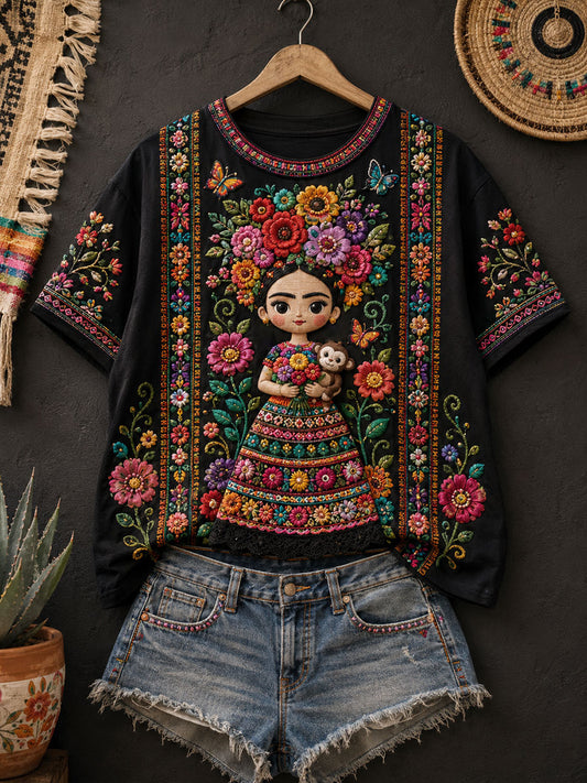 Women's Mexico Folk Floral Art Printed T-Shirt