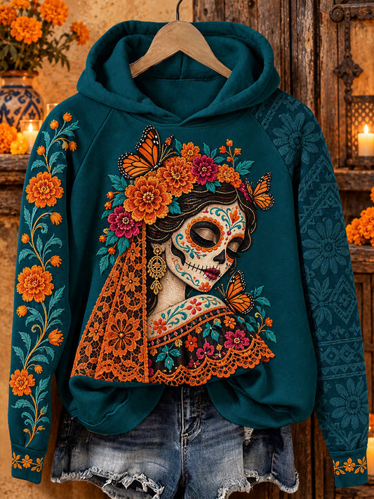 Women's Mexico Day of The Dead Floral Art Printed Hoodie