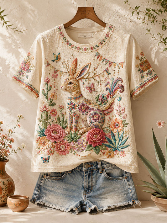 Women's Mexico Folk Floral Art Printed T-Shirt