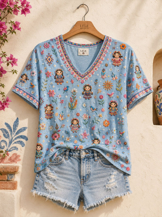 Women's Mexico Folk Floral Art Printed T-Shirt