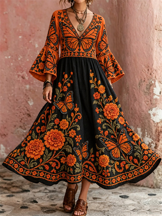 Women's Day of the Dead Monarch Butterflies & Marigolds Floral Print Flare Flowy Maxi Dress
